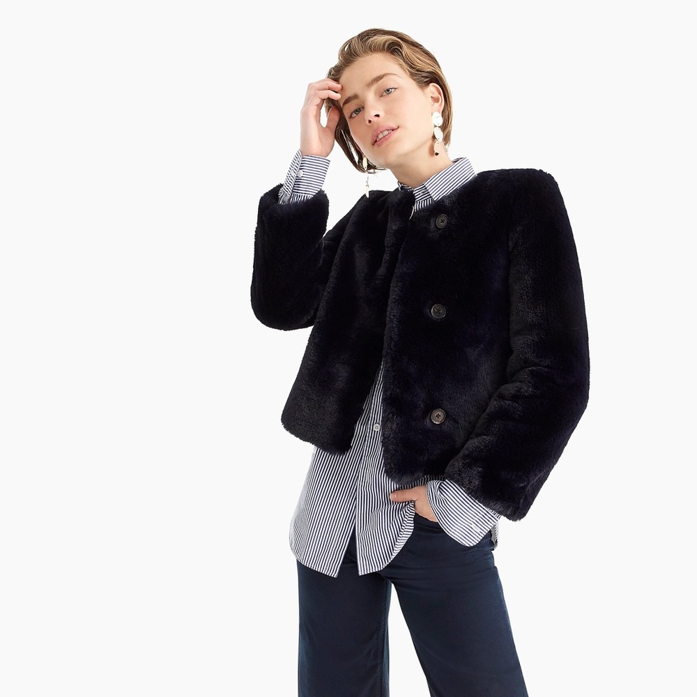 J Crew Cropped Navy Faux Fur Coat